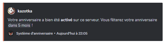Message de confirmation de la commande /anniversaire activer