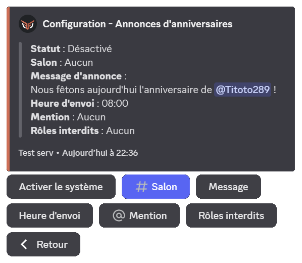 Configurez l'ensemble de ces éléments en appuyant sur le bouton annonce une fois la commande config lancée