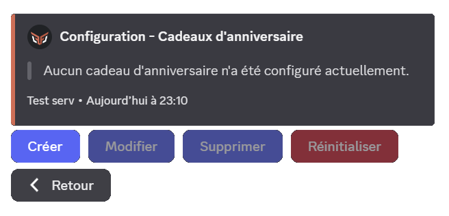 Créez vos cadeaux en cliquant sur le bouton "Cadeaux" une fois la commande config lancée