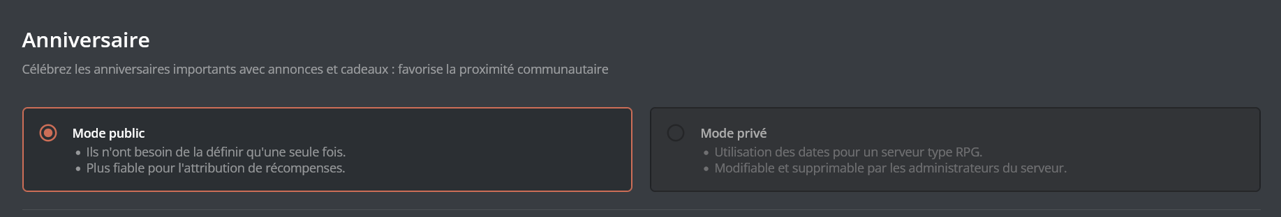 Vous pouvez choisir le mode en haut de la page anniversaire du panel