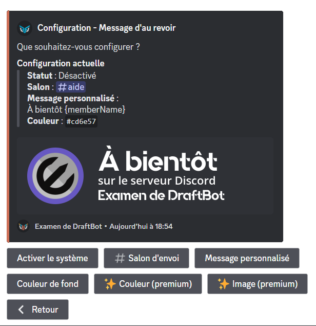 Menu de configuration du système d'au revoir