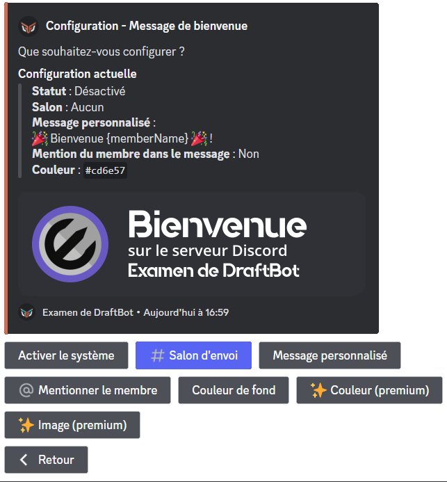Menu de configuration du système de bienvenue