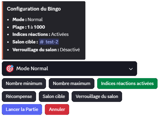 Interface de configuration du Bingo