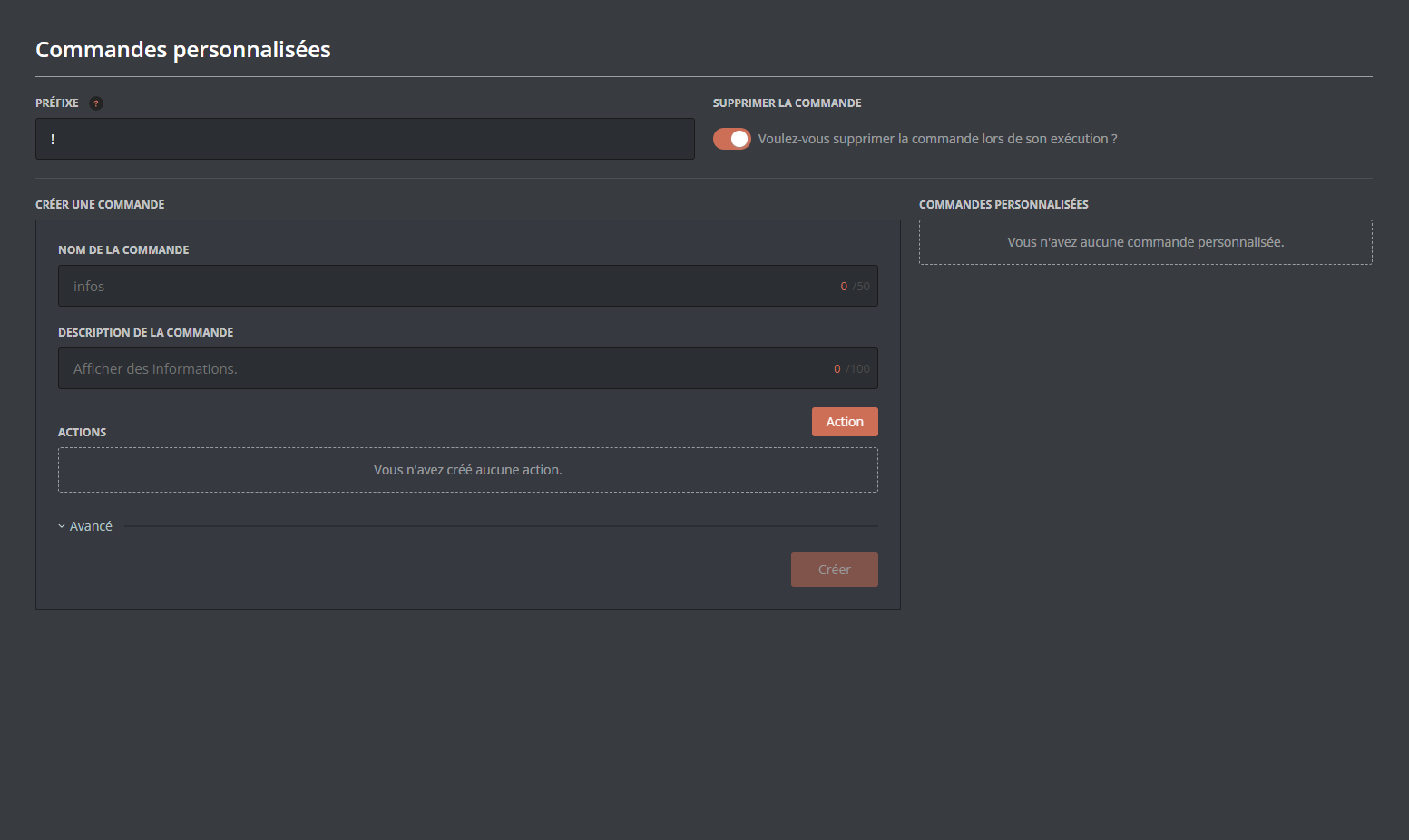 Panel de configuration des commandes personnalisées