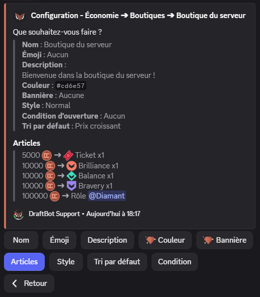 Menu "Boutique" via la commande /config