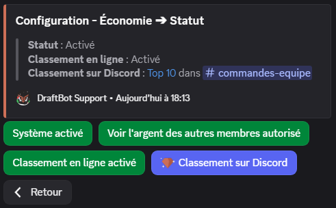Menu "Statut" via la commande /config