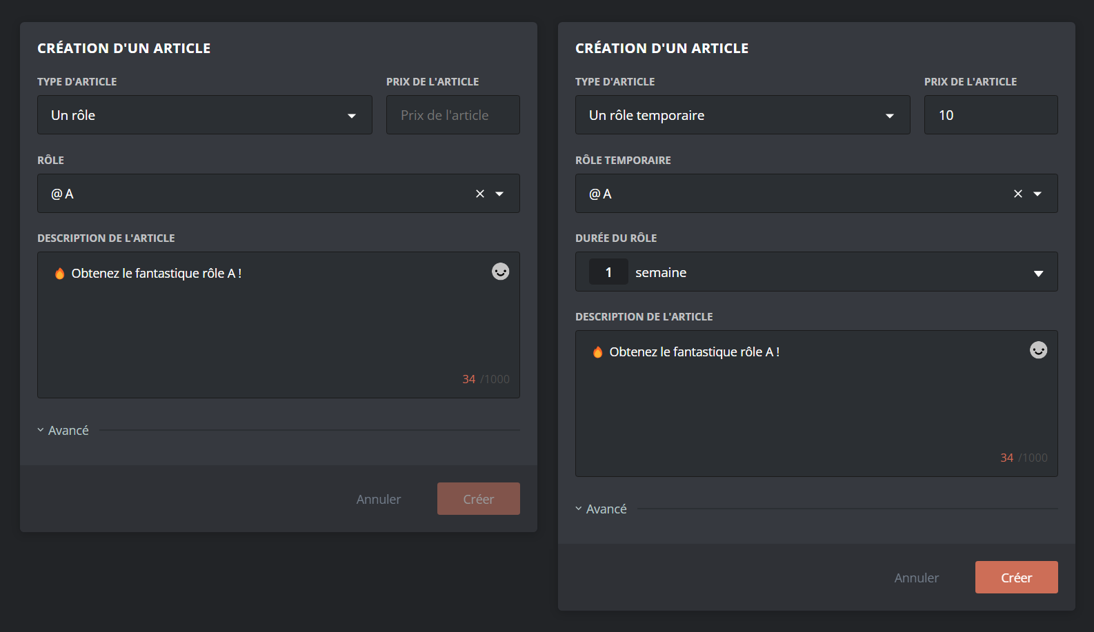 Menu de vente de rôles, temporaire (à gauche) et classique (à droite)