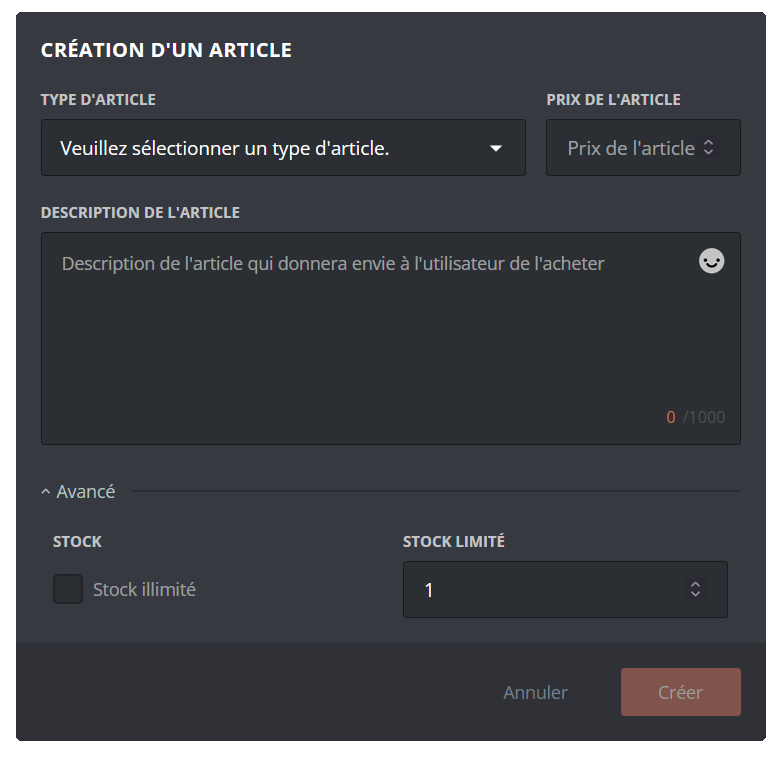 Menu de création d'article