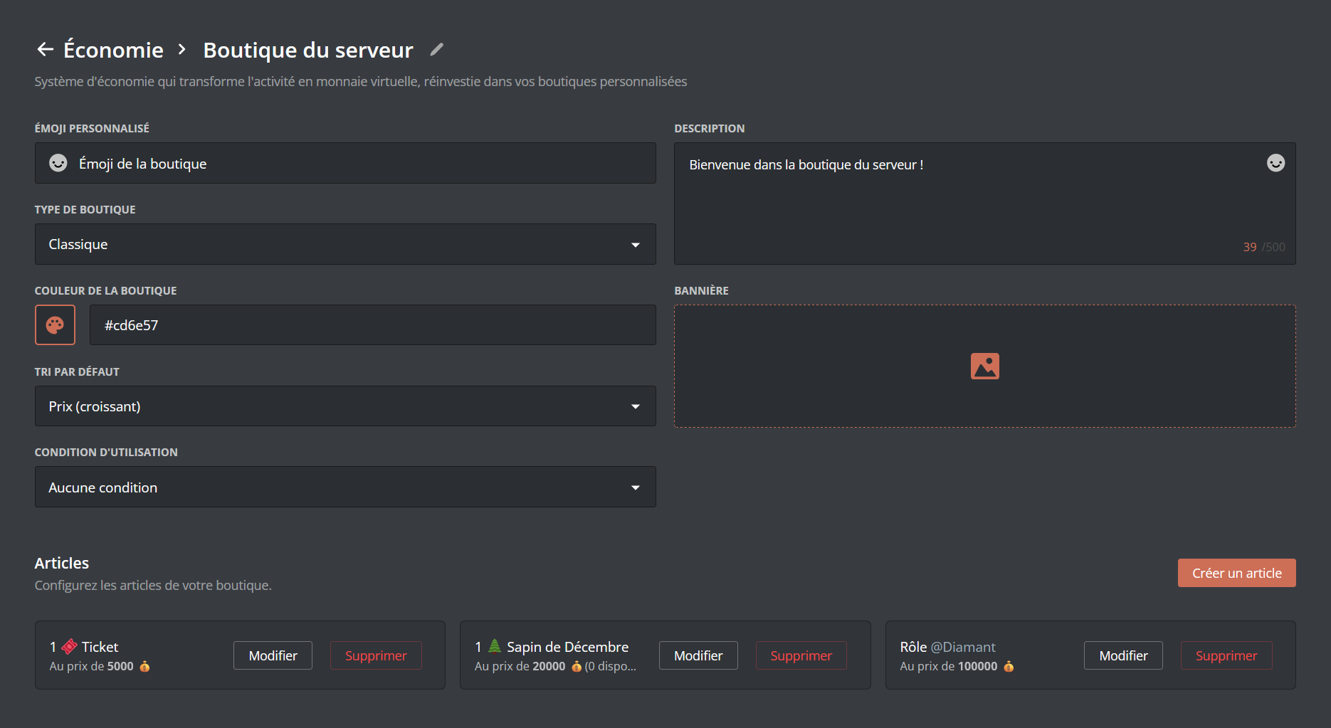 Menu de création de boutique