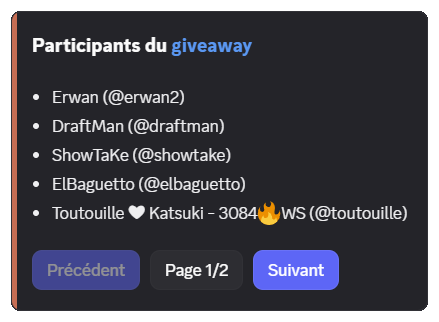 Interface de visualisation des participants d'un giveaway