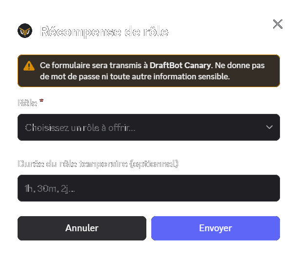 Formulaire de saisie pour une récompense de rôle