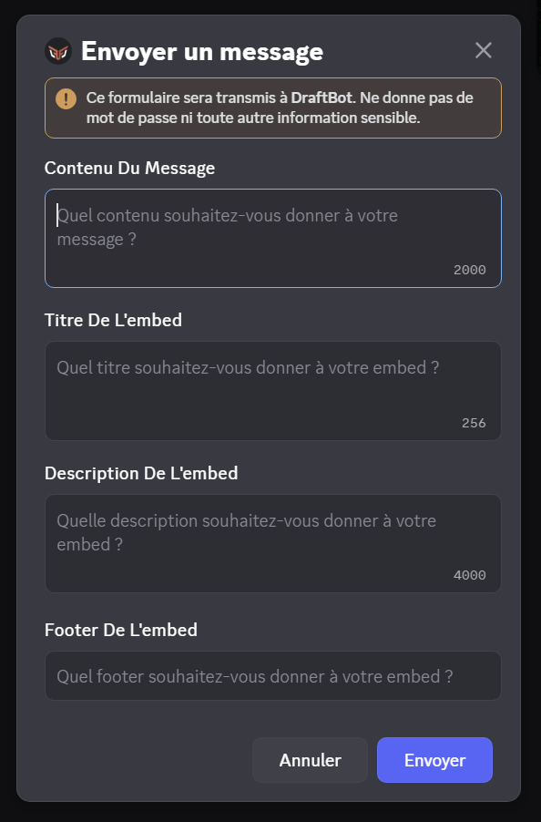 Menu qui apparaît une fois la commande lancée