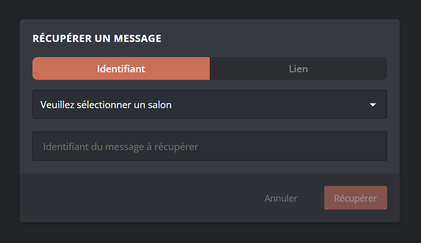 Menu pour récupérer un message envoyé avec DraftBot