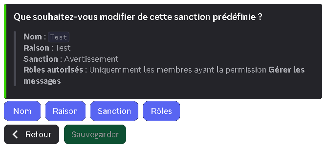 Menu pour modifier une sanction prédéfinie