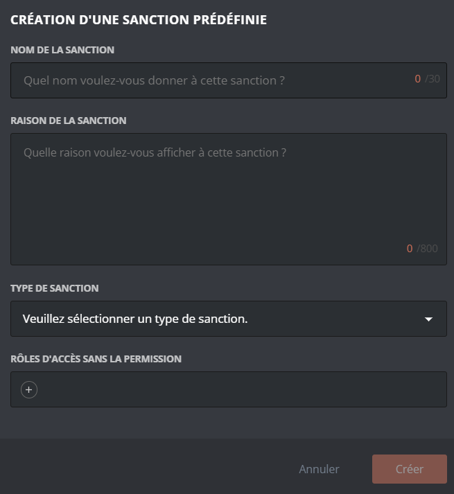 Création d'une sanction prédéfinie