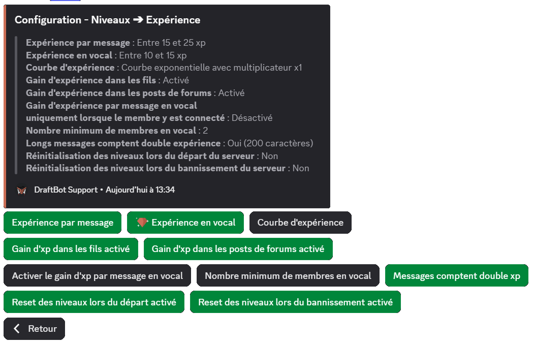 Menu "Expérience" via la commande /config