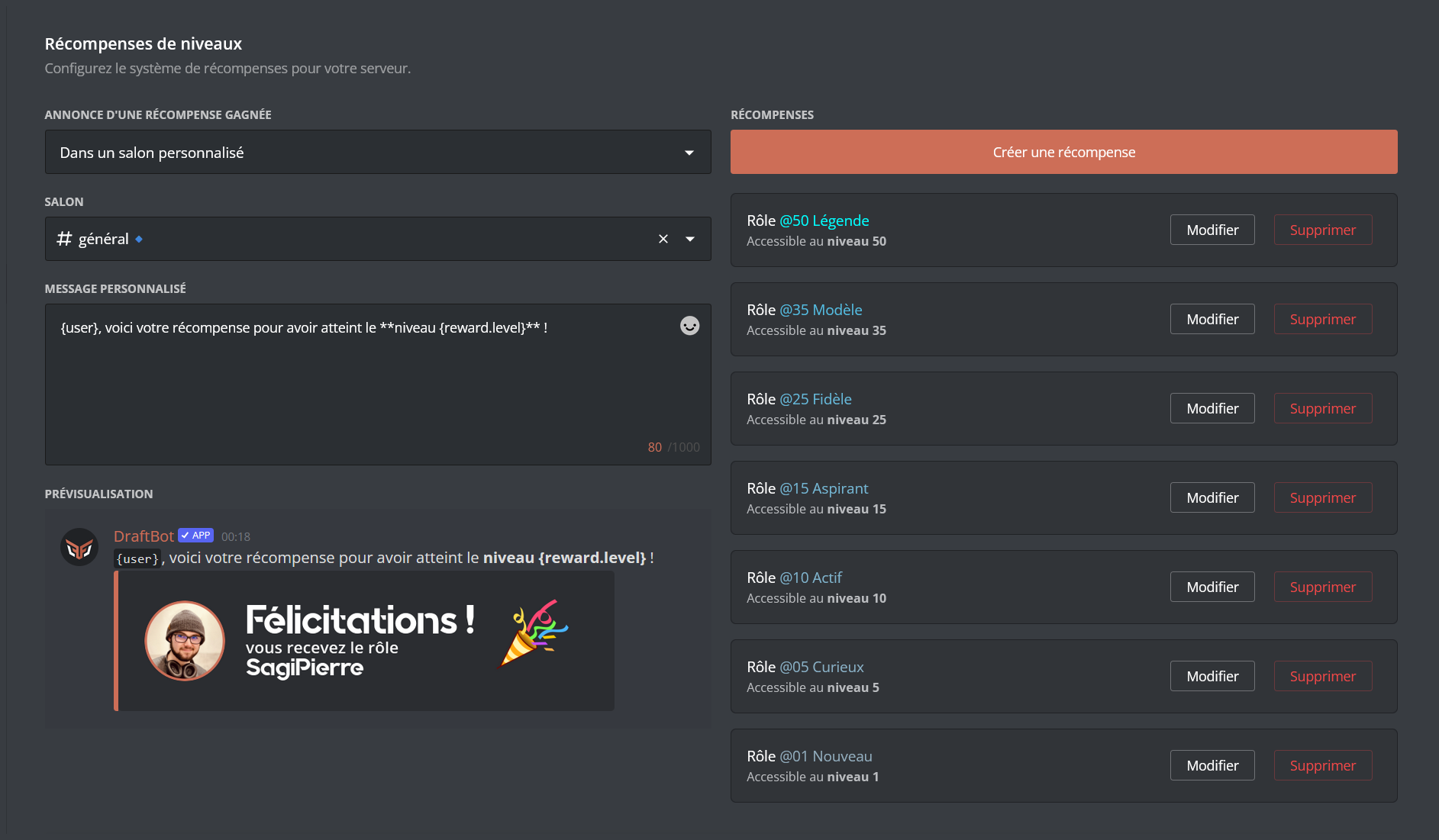 Menu des récompenses depuis le Panel DraftBot