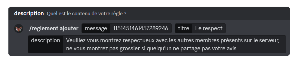 Aperçu de la commande /reglement ajouter