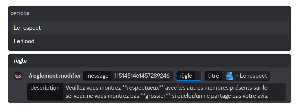 Aperçu de la commande /reglement modifier