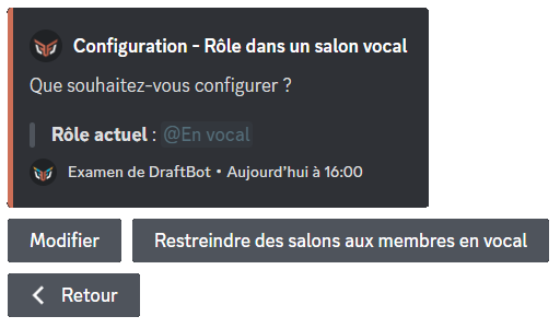 Menu d'accueil de la configuration des rôles automatiques en vocal