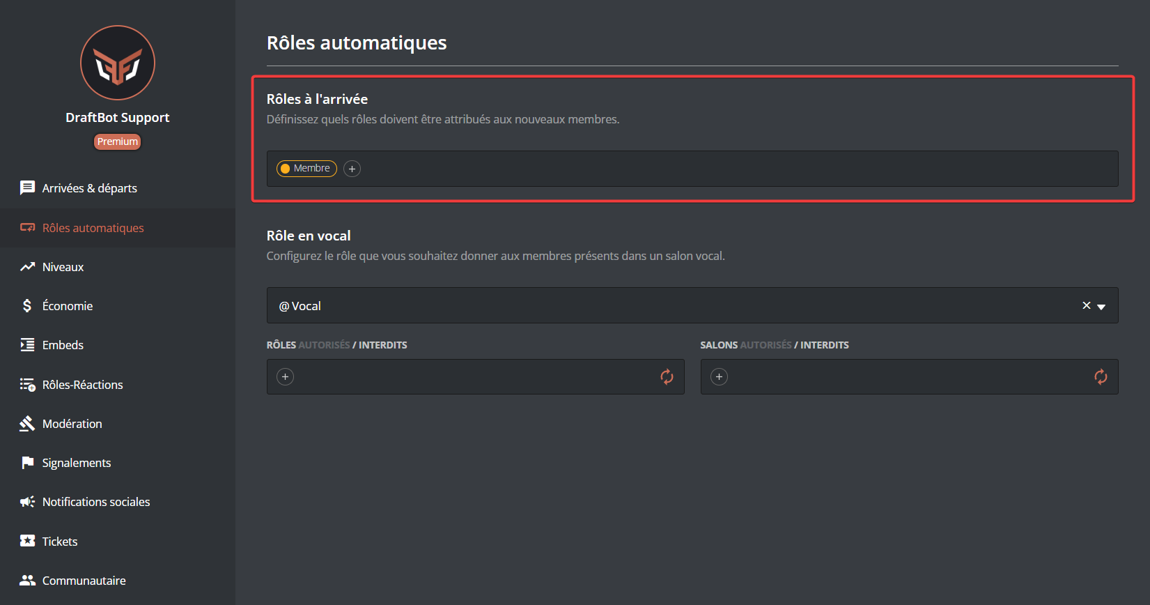 Configuration des rôles automatiques à l'arrivée sur le panel