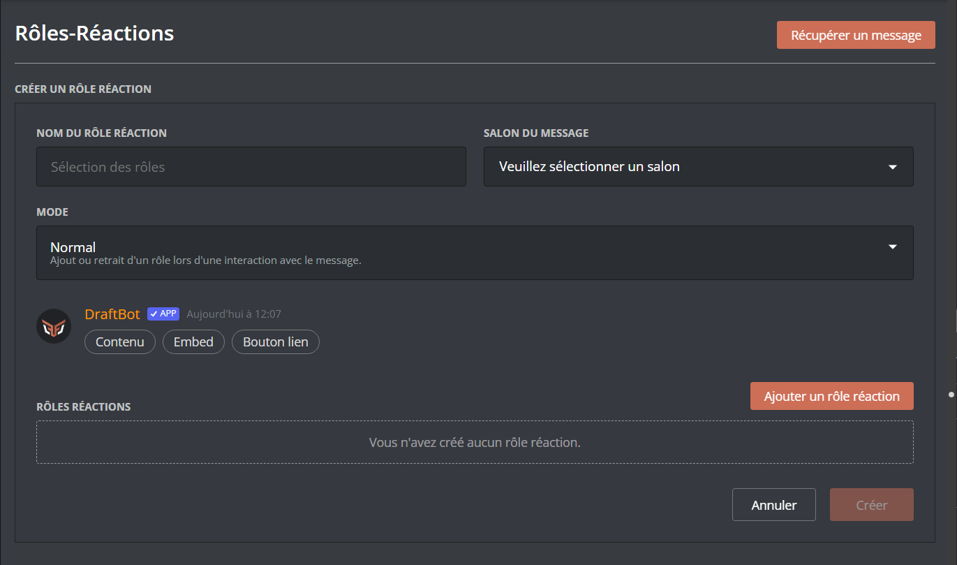 Panel de création d'un nouveau rôle-réaction