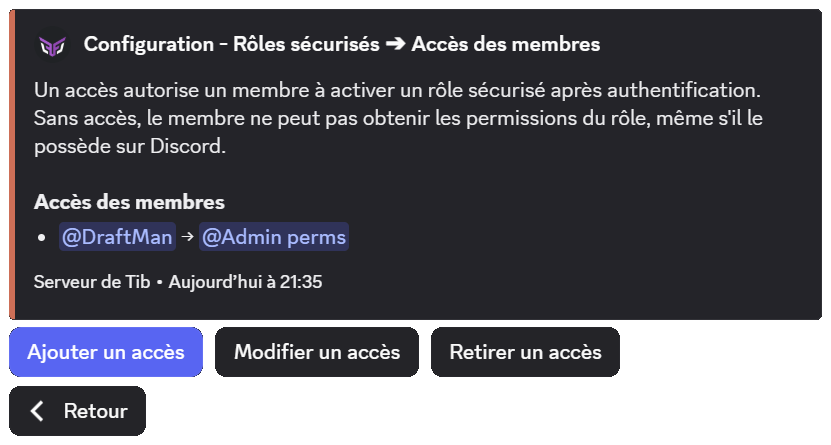 Menu de configuration d'accès aux rôles