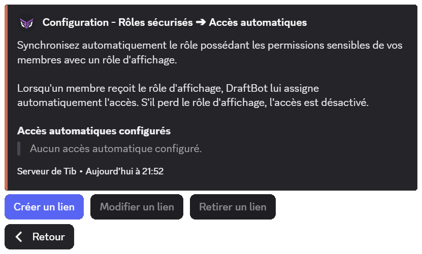 Menu de configuration des accès automatiques