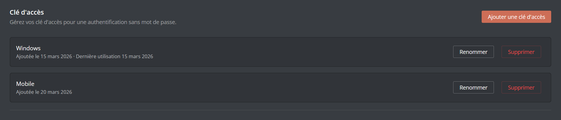 Configuration de la sécurité par clé d'accès