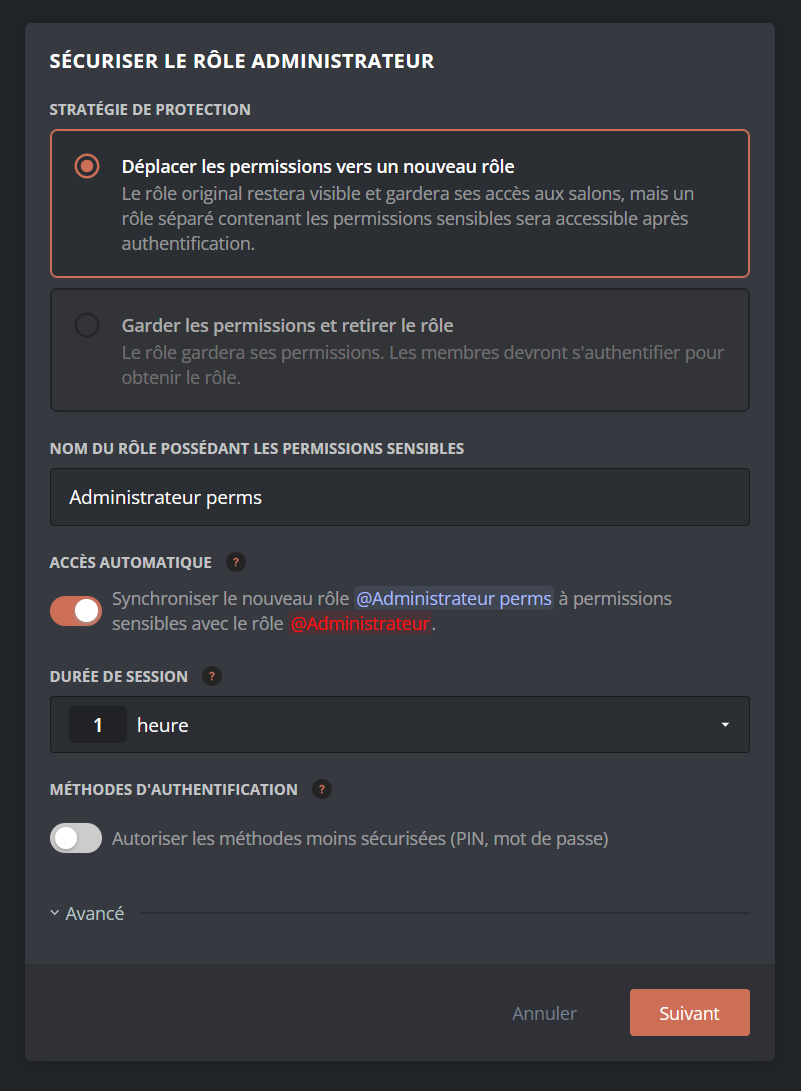 Aperçu de l'interface pour sécuriser un rôle