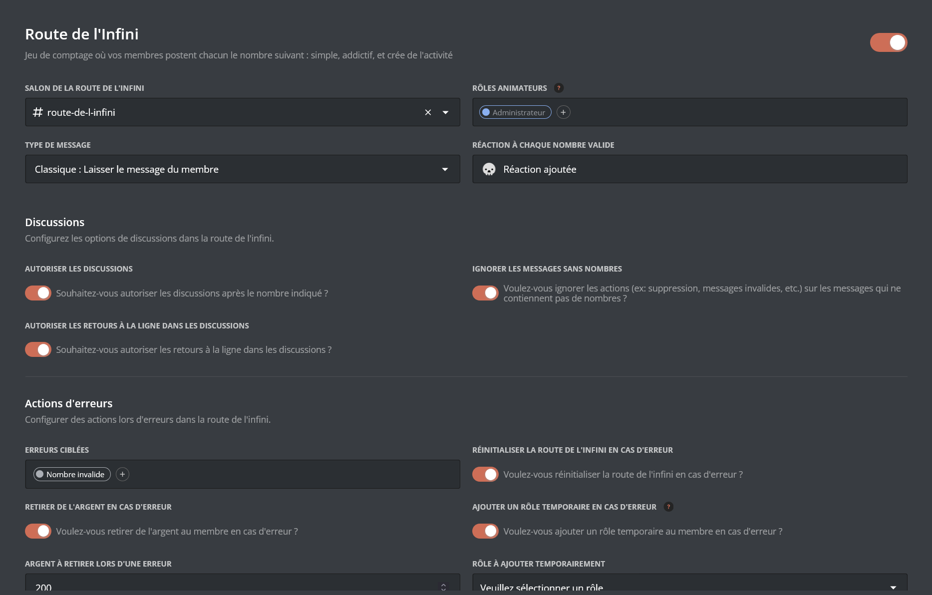Module Route de l'Infini activé sur le Panel