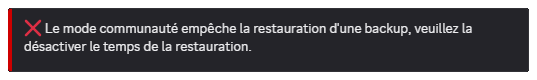 Image de l'avertissement pour expliquer que la communauté doit être désactivée