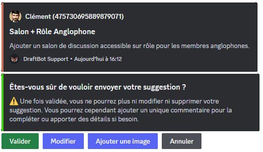 Menu de confirmation d'une suggestion