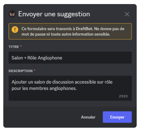 Menu de création d'une suggestion