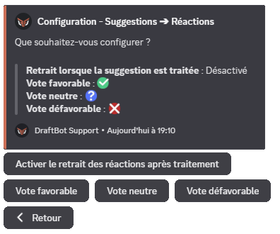 Configuration des réactions, via la commande /config