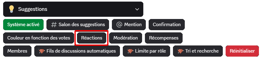 Bouton "Réactions" depuis la commande /config