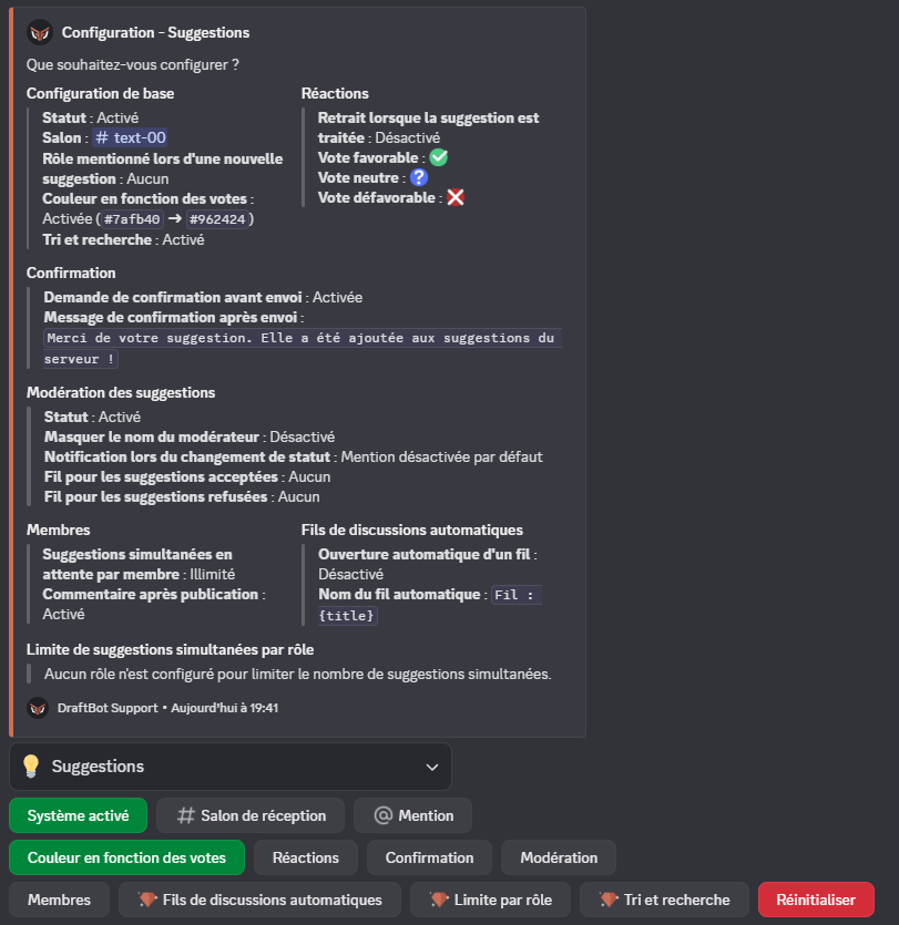 Menu de configuration du module 💡Suggestions, via la commande /config