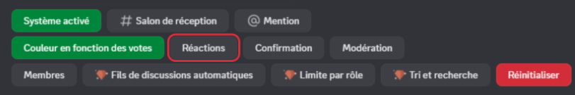 Bouton "Réactions" depuis la commande /config