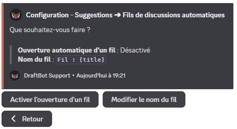 Menu "Fils de discussions automatiques", via la commande/config