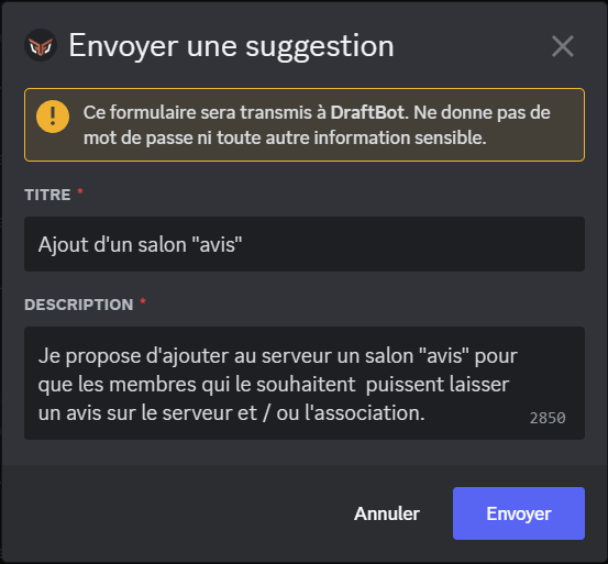 Menu de création d'une suggestion