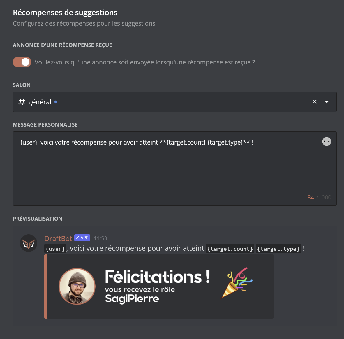 Création de récompense depuis le panel