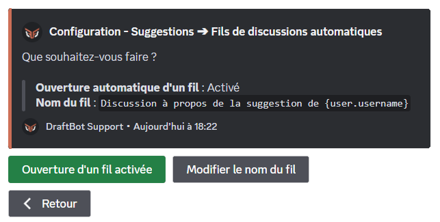 Menu de configuration concernant les fils automatiques