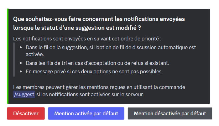Menu de configuration des notifications lors du changement de statut