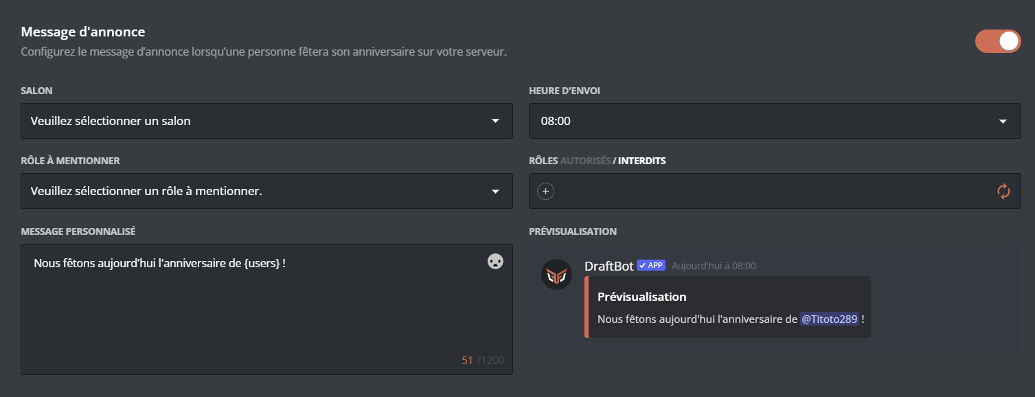 Configure all of these settings on the panel by enabling the announcement message