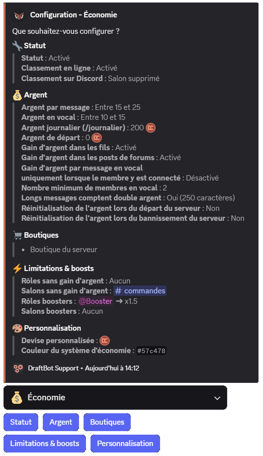 Economy module through the /config command