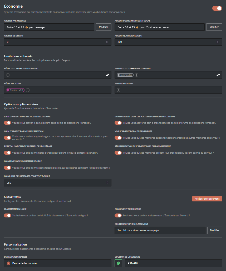 Economy module enabled on the panel