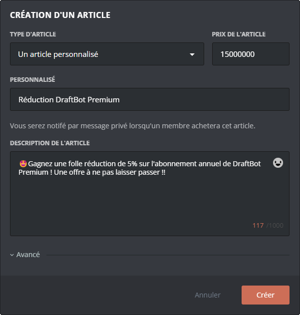Custom article selling menu
