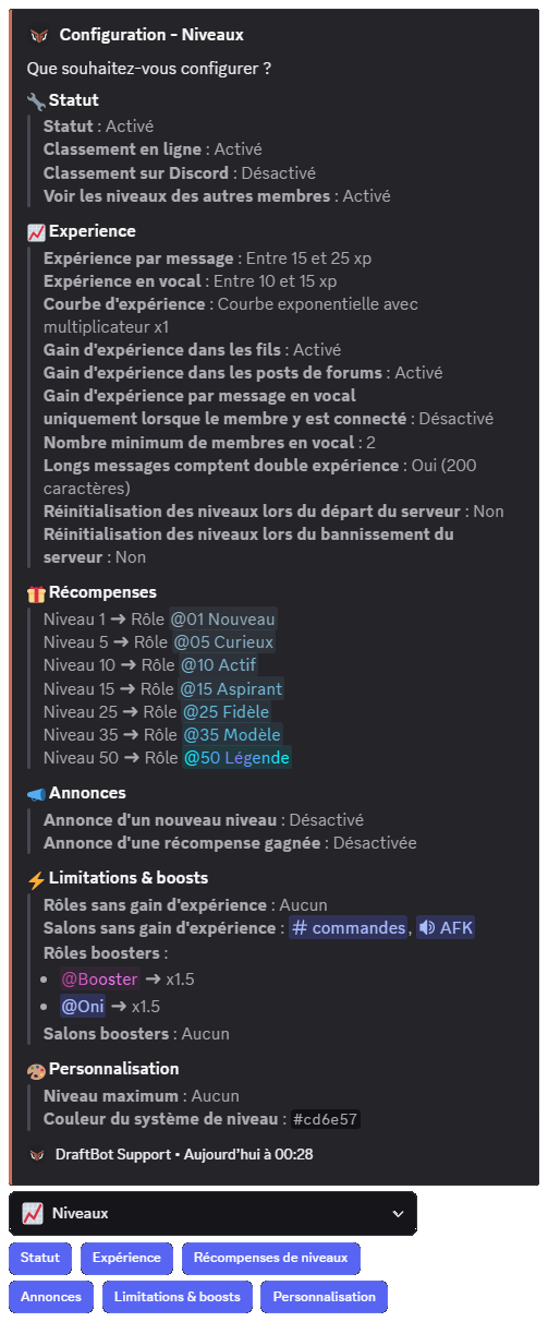 Levels module through the /config command