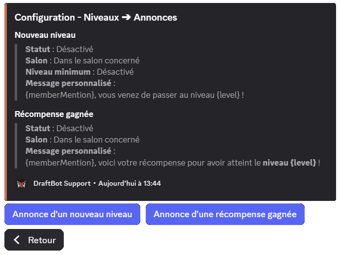 The "Announcements" menu through the /config command
