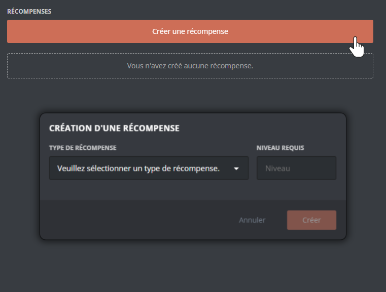 Reward creation menu, from the panel